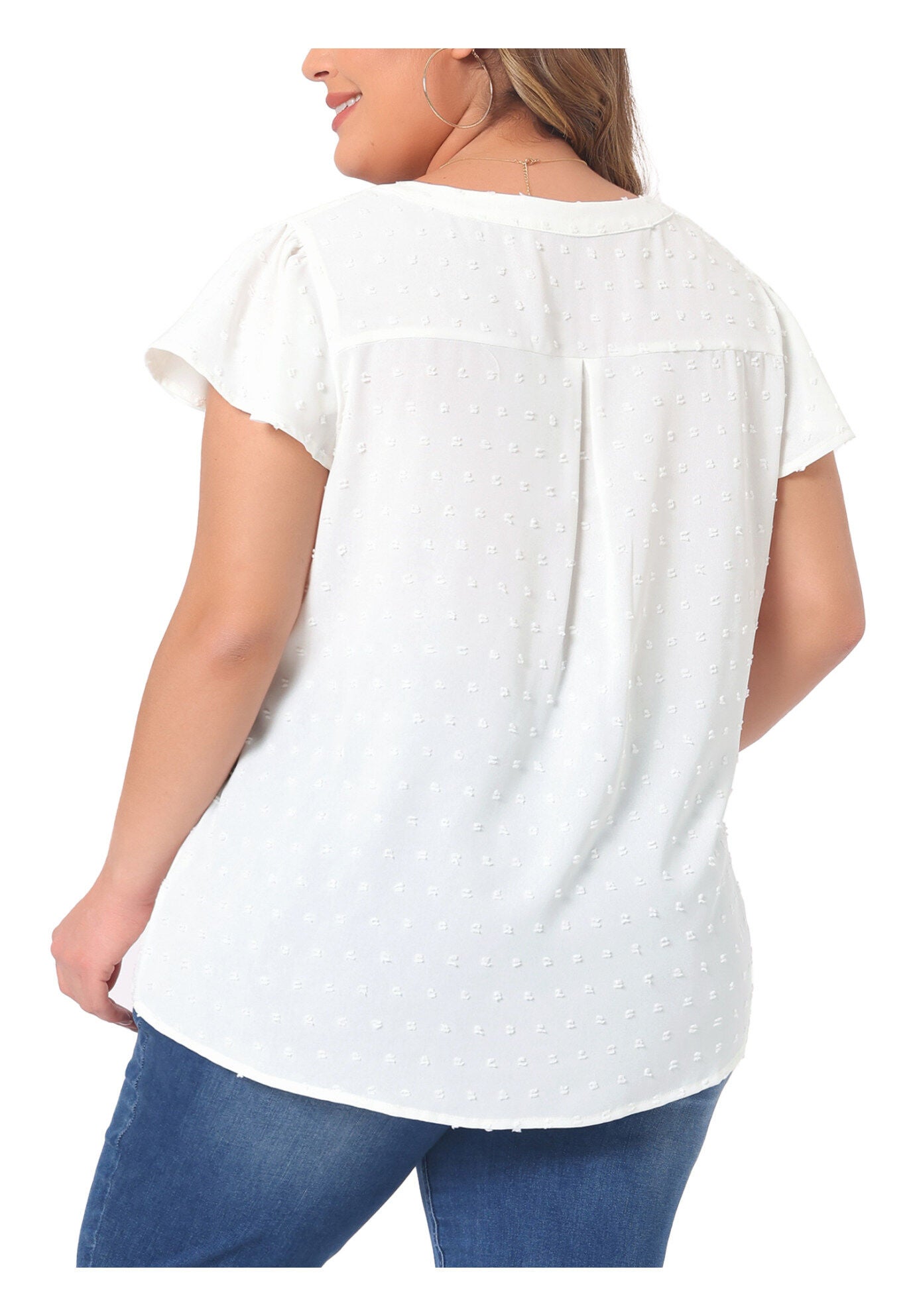 Swiss Dots Notched Neck Ruffle Sleeve Blouse, White / White, alternate image number 3