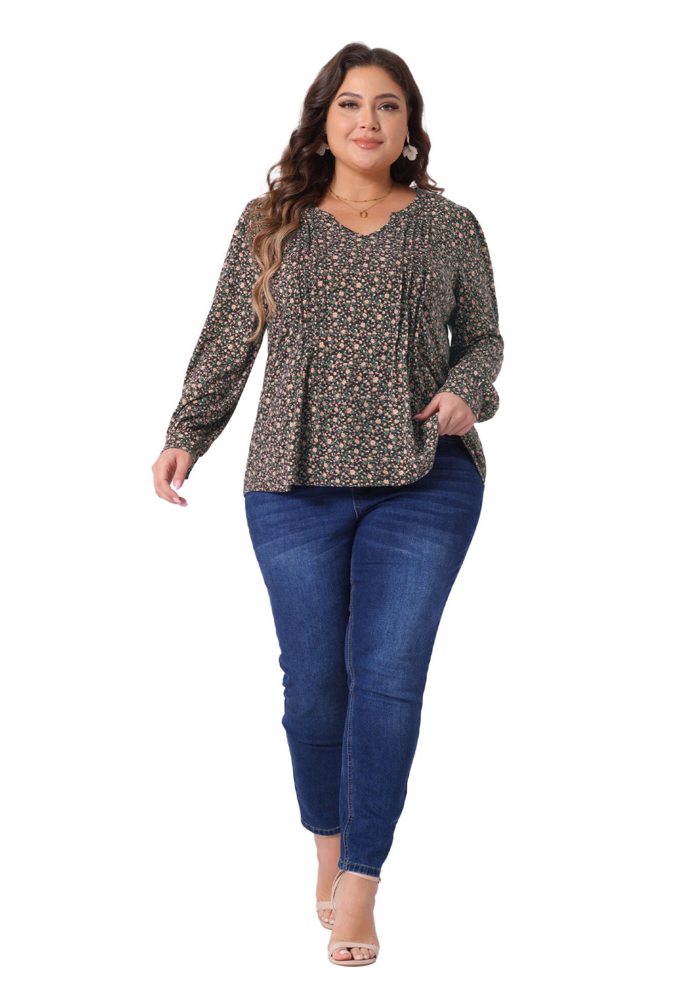 Long Sleeve Pleated Notch V Neck Floral Tunic Blouse, Brown Orange / Orange, hi-res image number 0