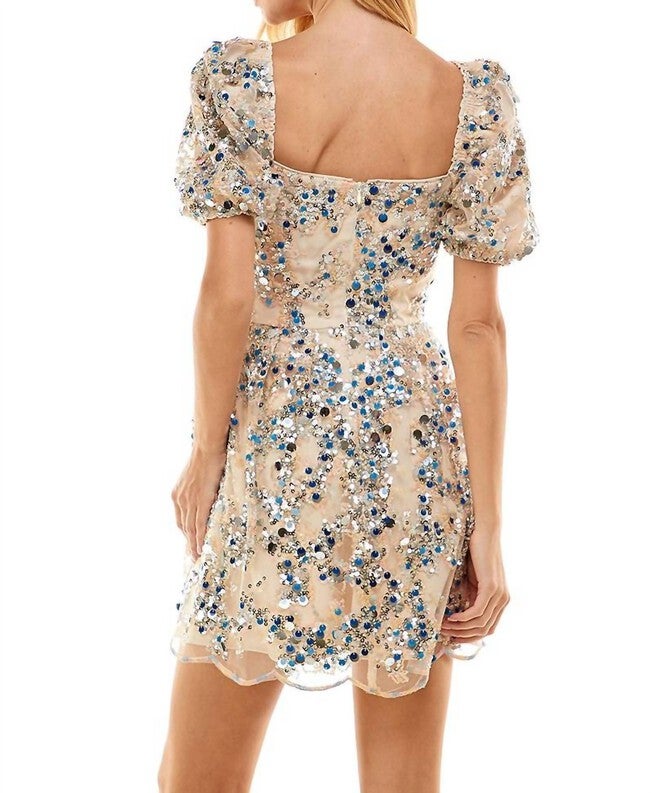 SEQUIN SWEETHEART DRESS IN SILVER, BLUE, AND NUDE SEQUINS, , alternate image number null