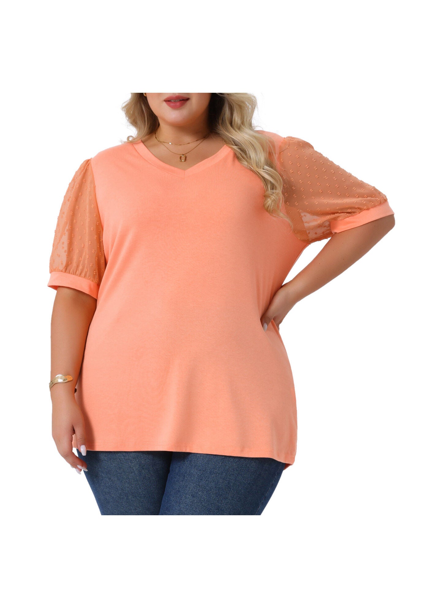 V Neck Swiss Dots Puff Sleeve Loose Top, Orange / Orange, alternate image number 1