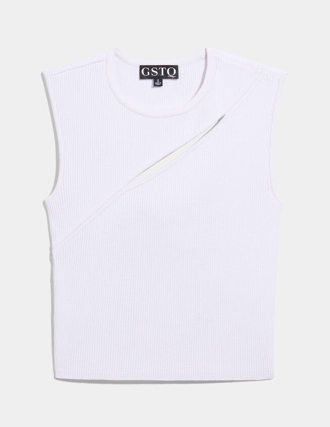 Ribbed Sleeveless Cut Out Top, GSTQ White / White, hi-res image number 0