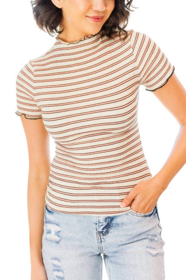 NOSTALGIC NOTE STRIPED MOCK NECK TOP, Beige / Beige, hi-res image number null