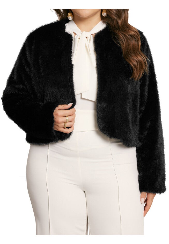 FAUX FUR WINTER WARM SHAGGY JACKET COAT, Black / Black, alternate image number 2