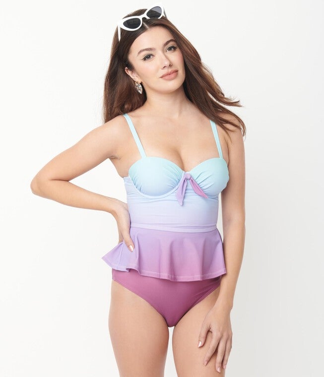 Unique Vintage Blue & Purple Ombre Peplum Solana Tankini Swim Top, , alternate image number null
