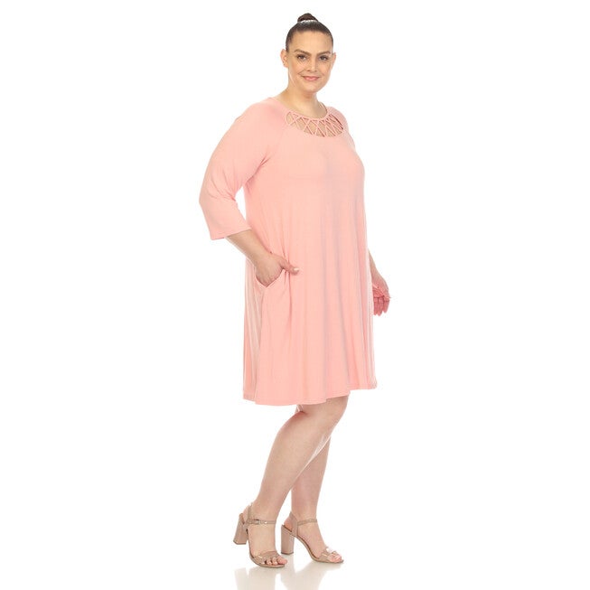 White Mark Women's Criss Cross Neckline Swing Midi Dress, Rose / Pink, alternate image number null