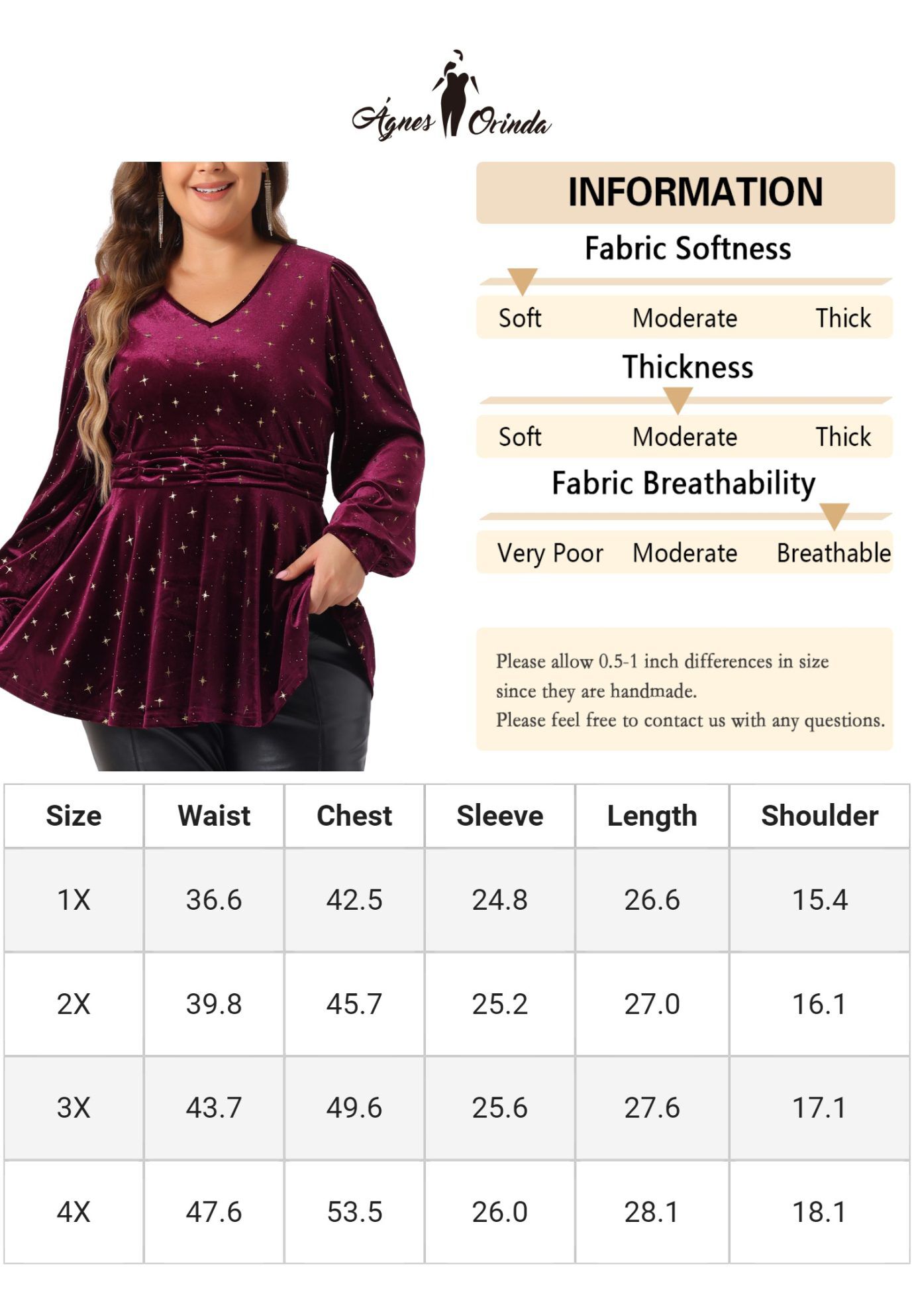 Velvet V Neck Long Sleeve Shiny Metallic Star Blouse Top, Burgundy / Burgundy, alternate image number 4