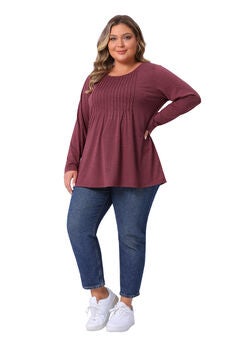 Pleated Blouses Crew Neck Casual T Shirt Tunic