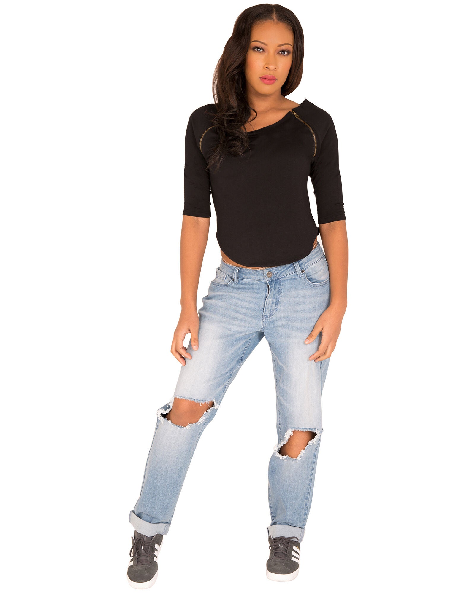 Plus Size Morgan Boatneck Shirt With Quarter-Sleeves And Zip Shoulders, Black / Black, alternate image number 3