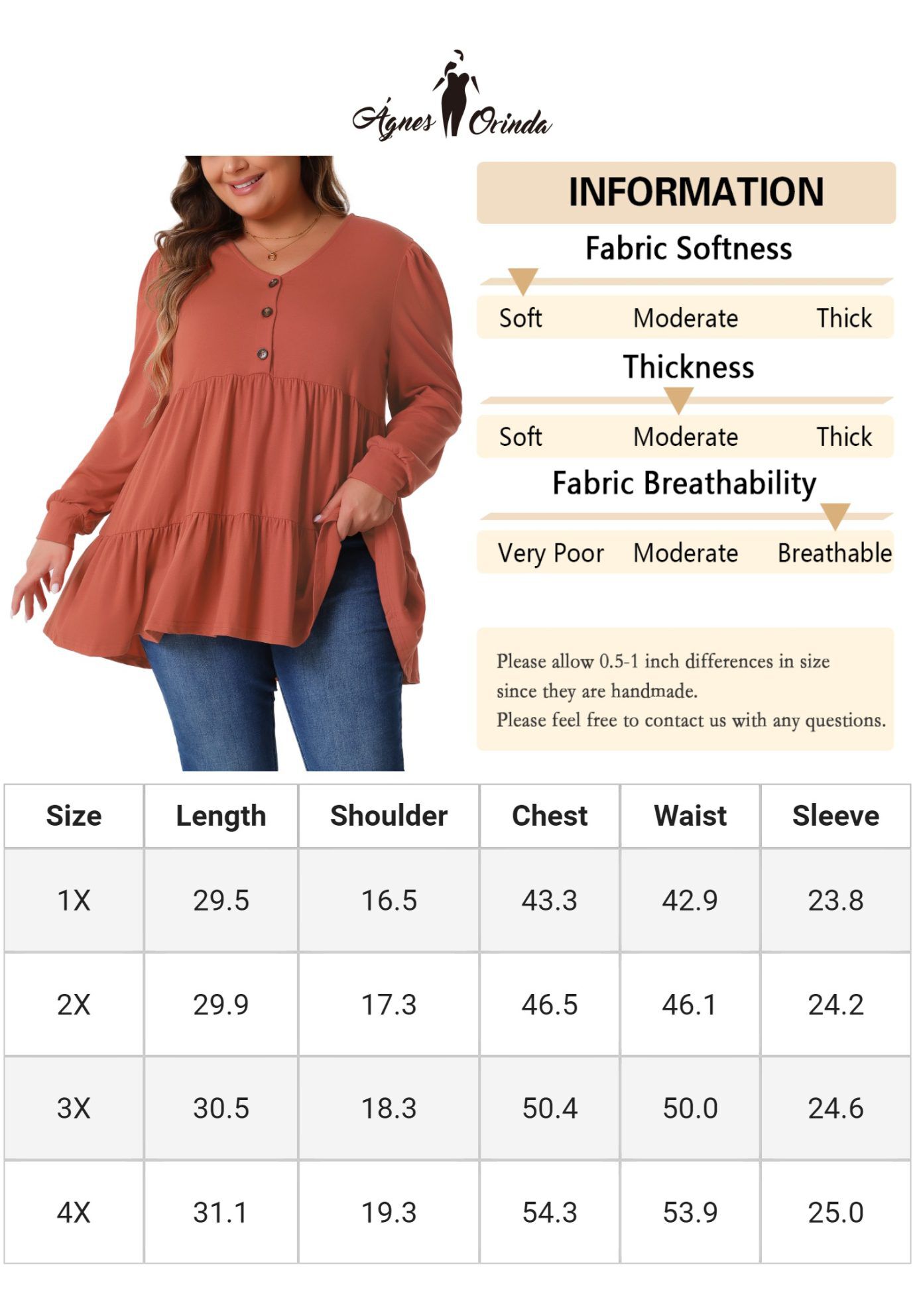 V Neck Long Sleeve Button Up Peplum Tunic Babydoll Top, Brick Red / Burnt Orange, alternate image number 2