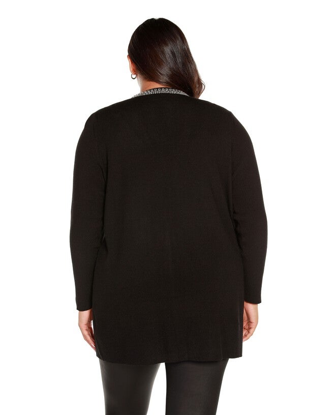 Plus Size Rhinestone Trim Open-Front Cardigan, Black / Black, alternate image number null