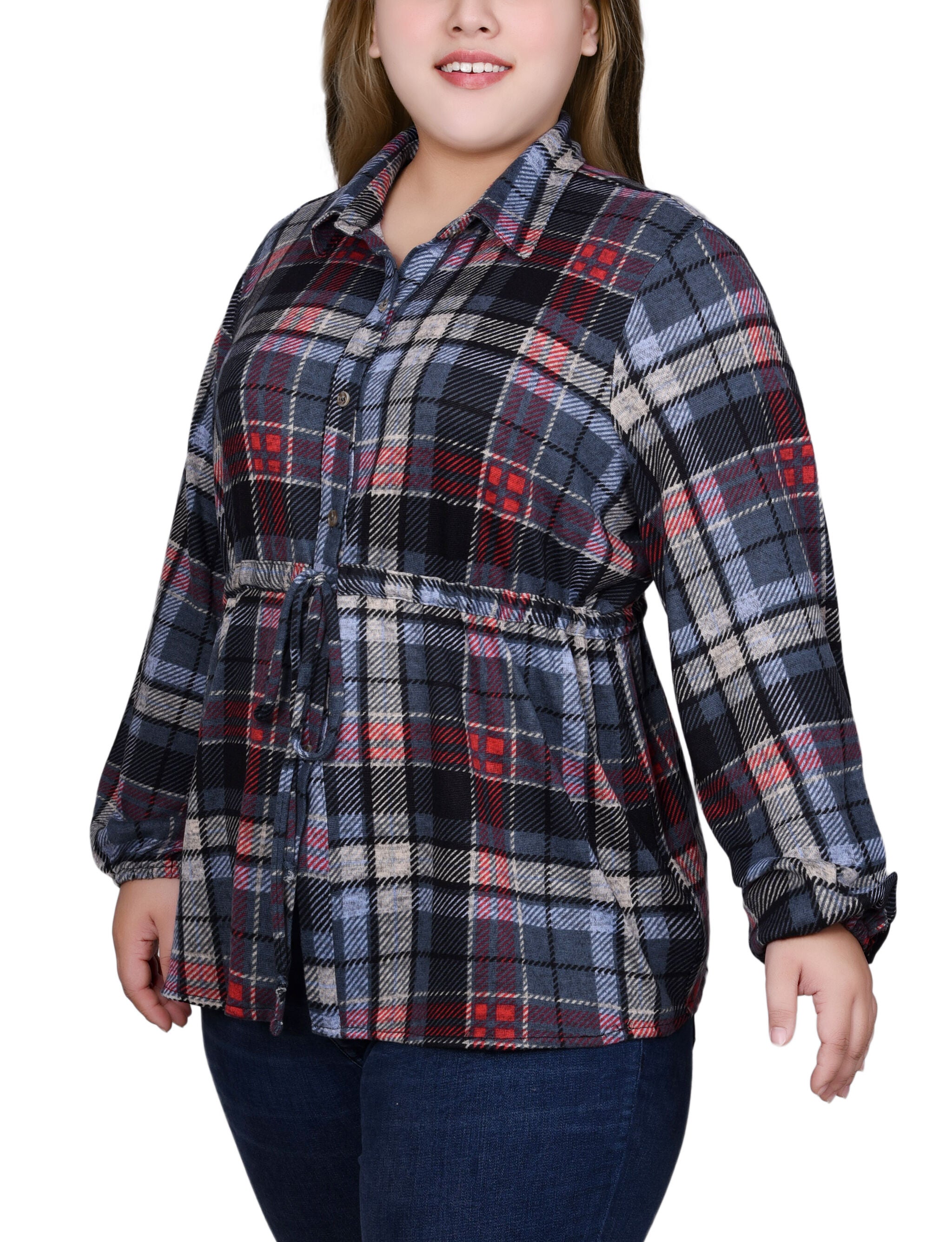Long Dolman Sleeve Drawstring-Waist Tunic Top, Red Denim Plaid, alternate image number 2