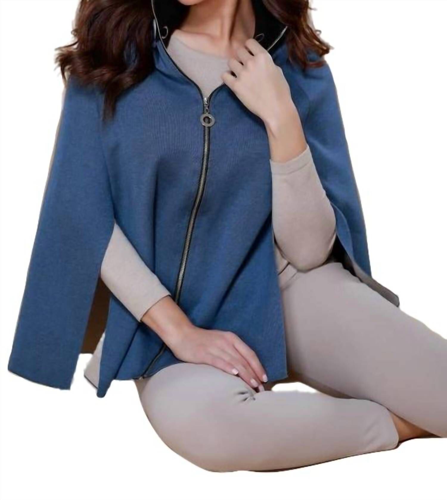 HIGH SLIT DETACHABLE HOODED PONCHO IN DENIM STONE, Denim Stone / Cornflower Blue, hi-res image number 0