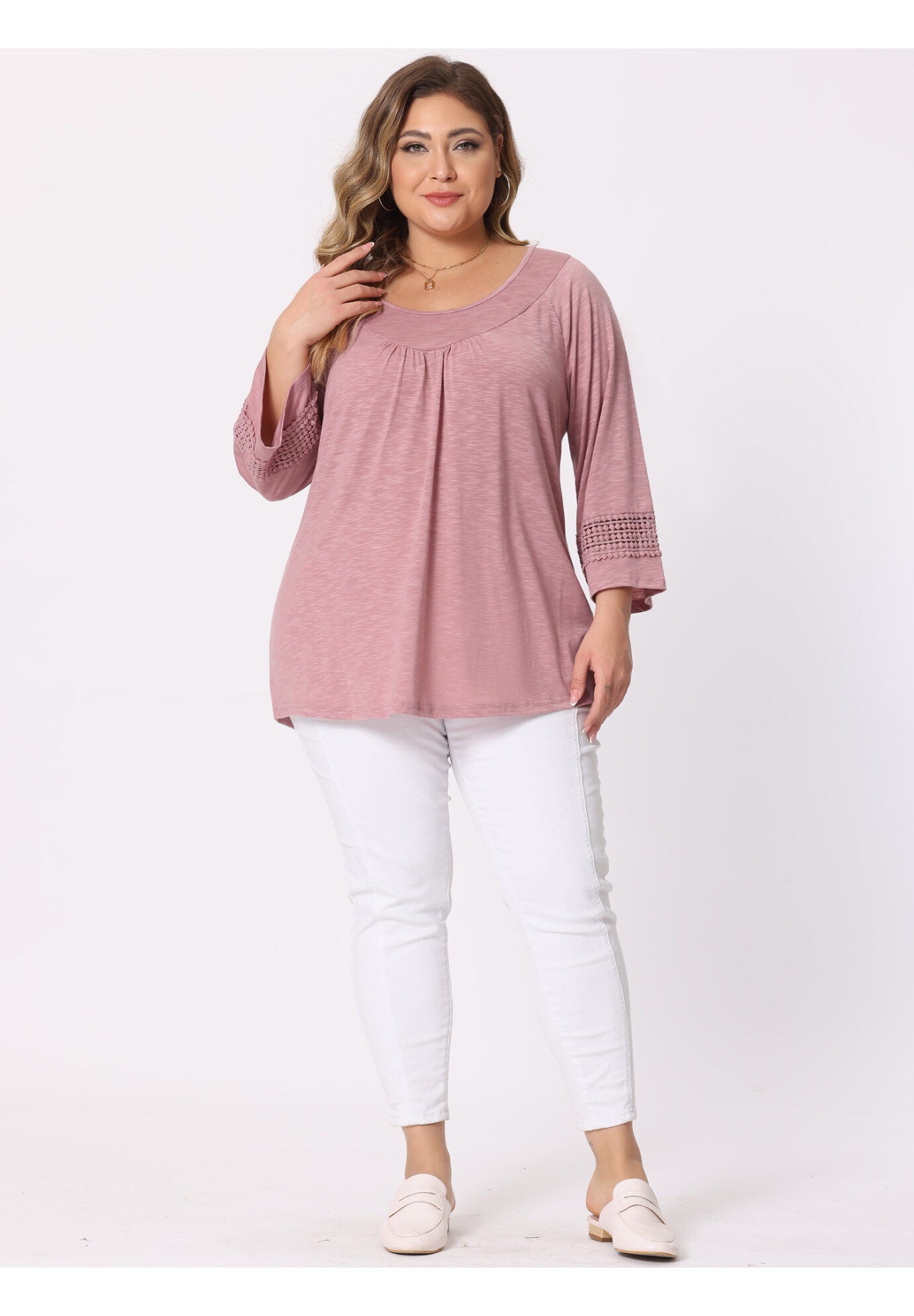 CROCHET PANEL HOLLOW OUT PLEATED TUNICS BLOUSE TOP, Dark Pink / Pink, hi-res image number 0