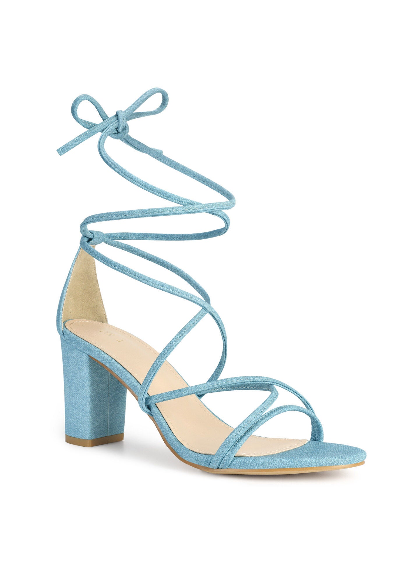 Strappy Lace Up Chunky Heeled Heels Sandals, Light Blue / Light Blue, hi-res image number 0