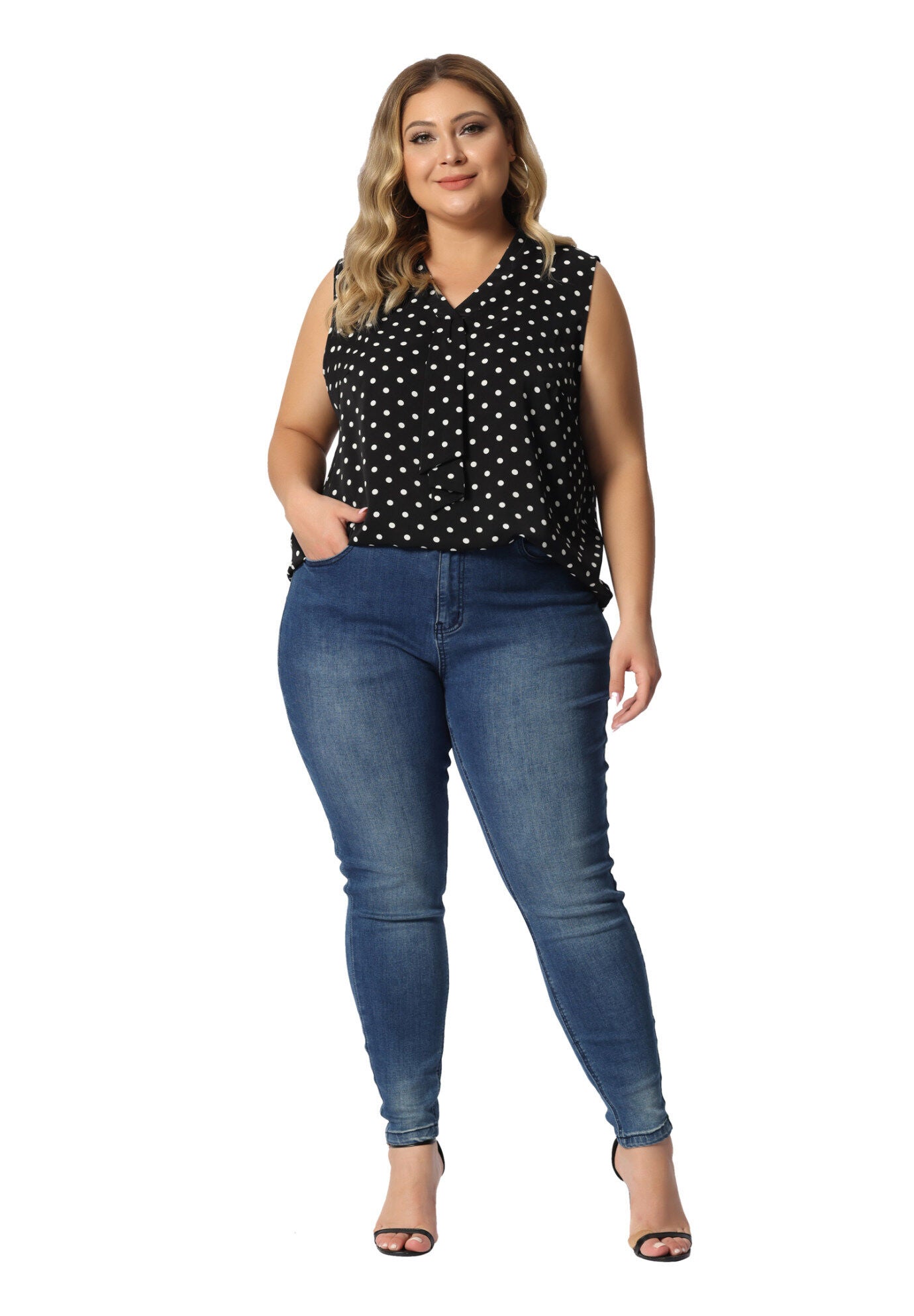 POLKA DOTS V NECK TIE NECK SLEEVELESS BLOUSE TANK TOP, Black / Black, hi-res image number 0