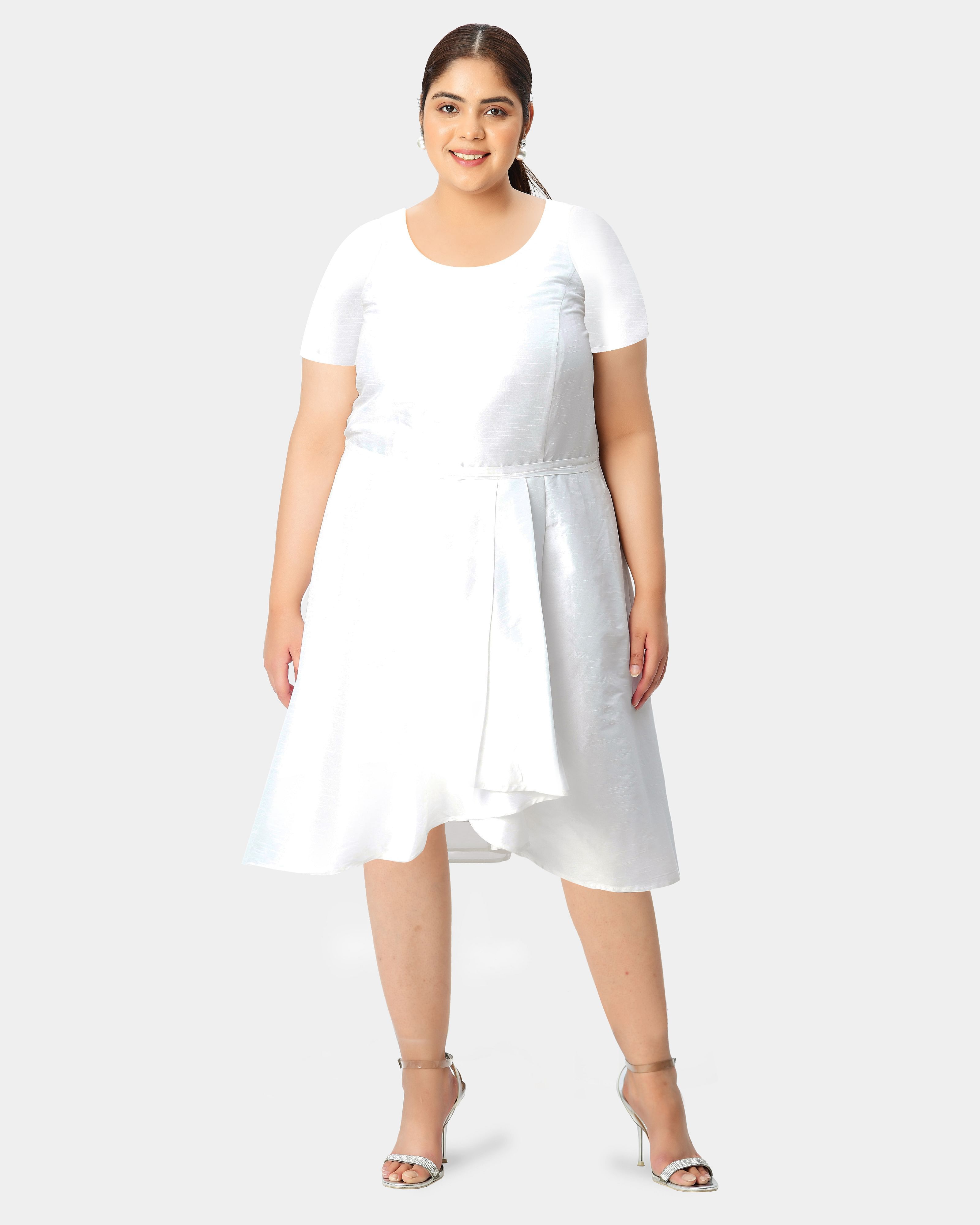 Asymmetric wrap scoopneck skirted dupioni dress, White / White, hi-res image number 0