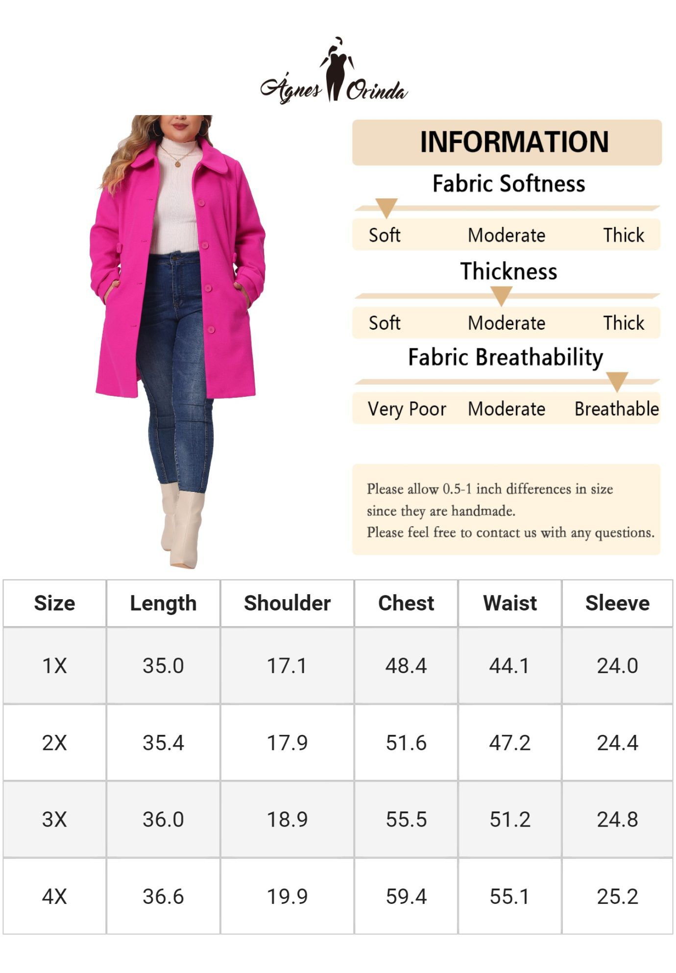 Peter Pan Collar Cuff Single Breasted Trench Long Coat, Hot Pink / Pink, alternate image number 4