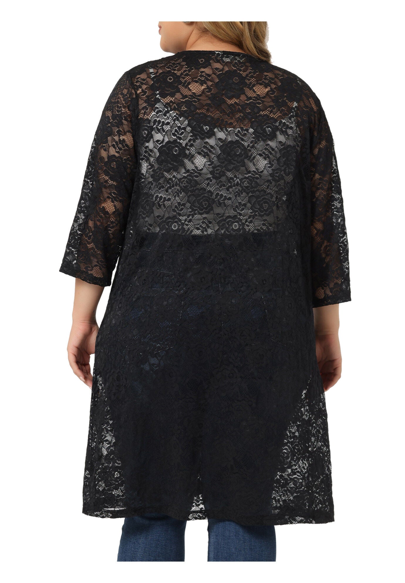 LACE CROCHET 3/4 SLEEVE COVER UP CARDIGAN, Dark Black / Black, alternate image number 3
