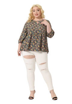 3/4 Sleeves Babydoll Chiffon Keyhole Floral Flowy Top Blouse
