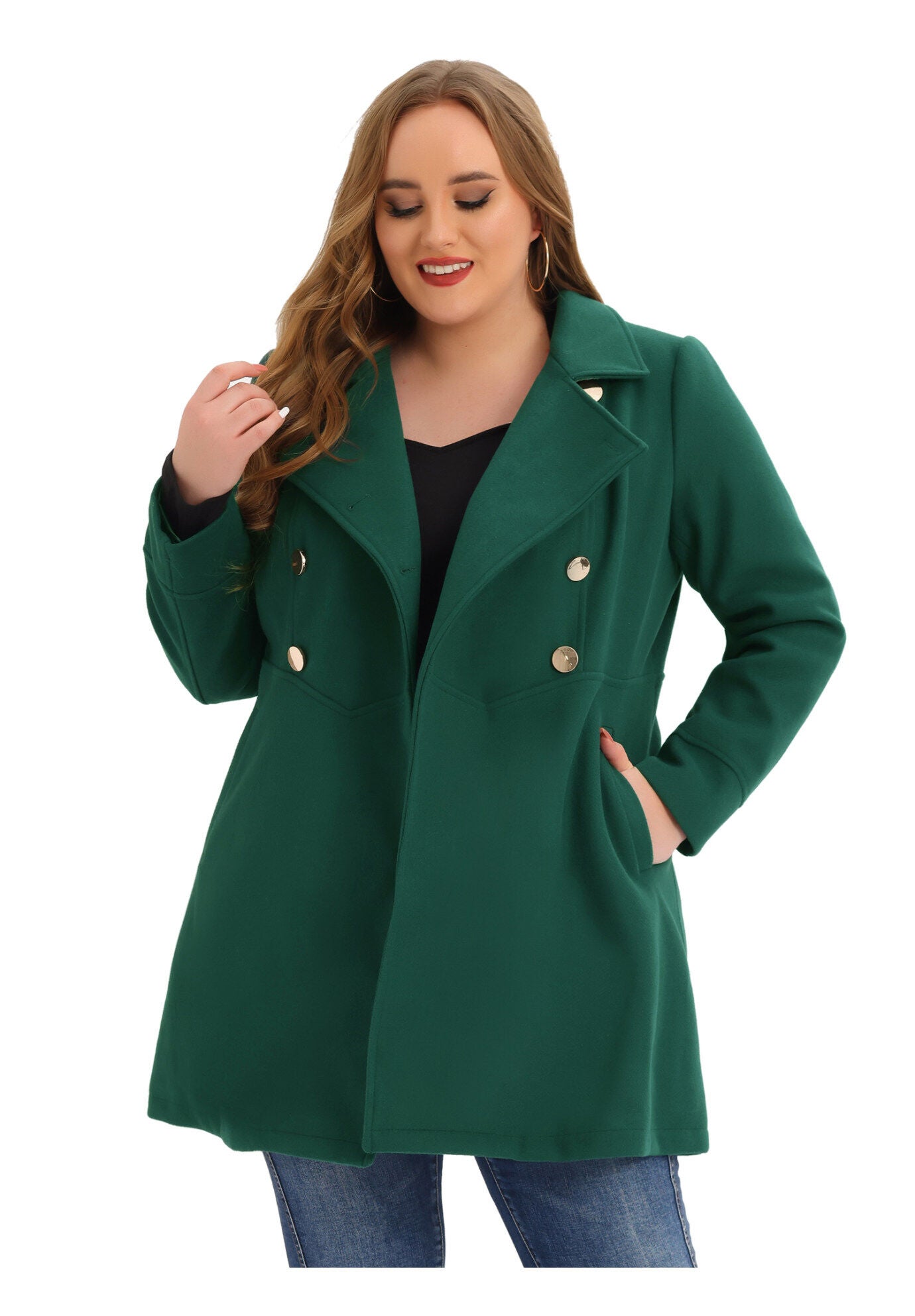 A-Line Peter Pan Collar Double Breasted Peacoat, Green / Forest Green, alternate image number 2