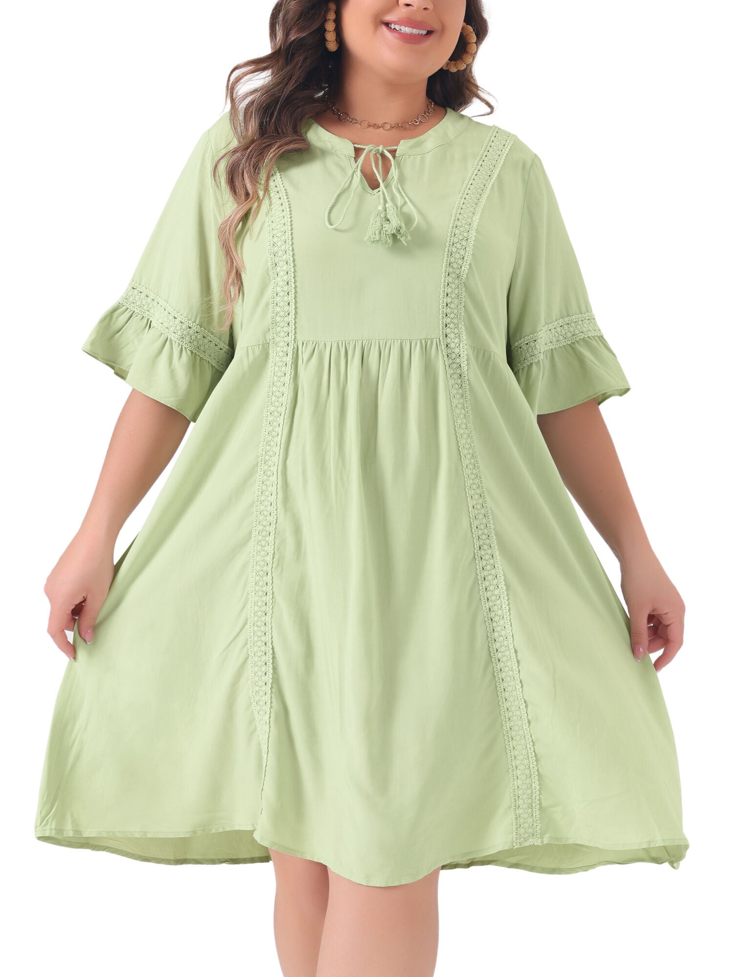 Ruffle Short Sleeve Lace Insert V Neck Tassel Bohemian Dress, Light Green / Light Green, alternate image number 2