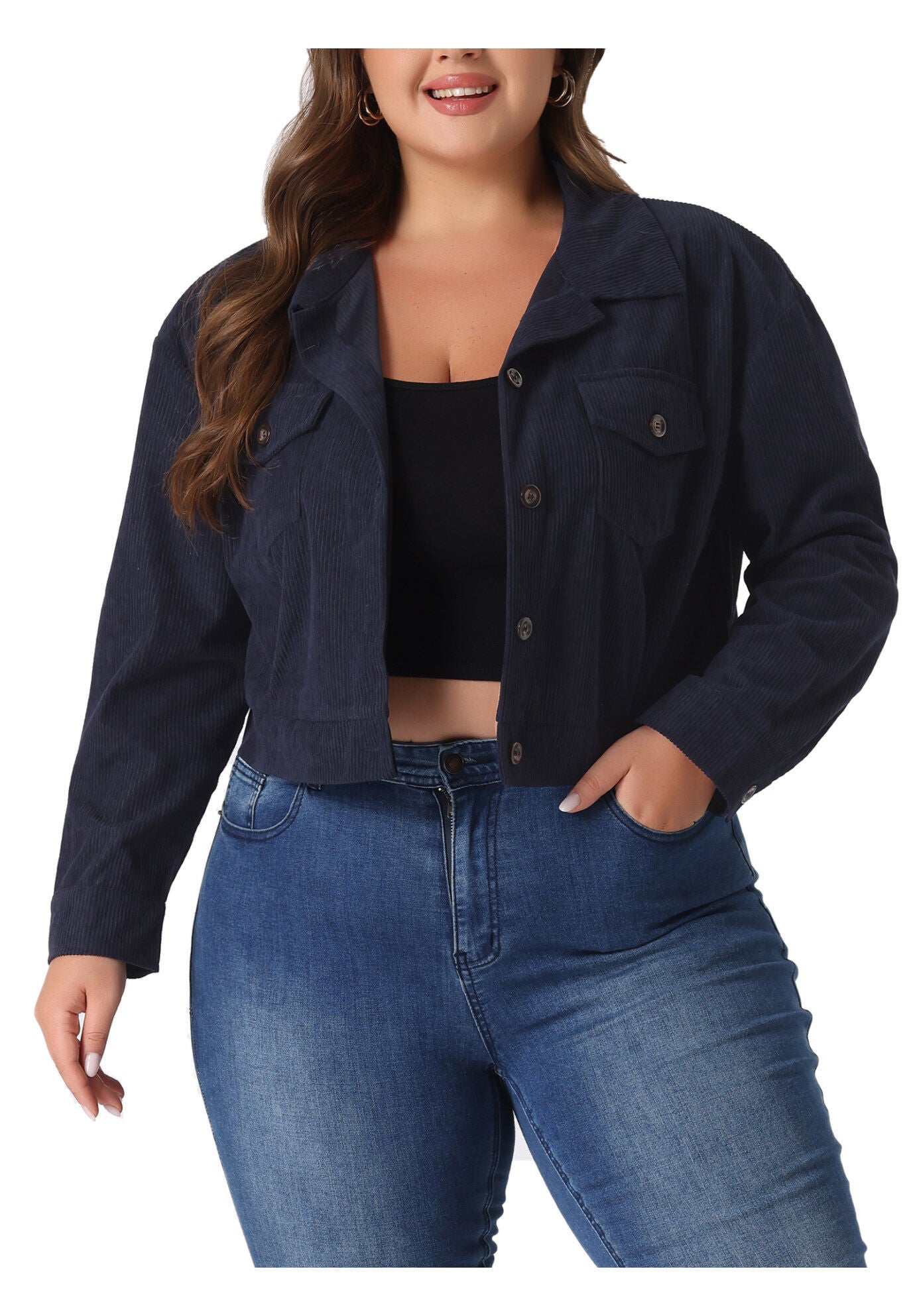 CORDUROY CROPPED BUTTON DOWN LONG SLEEVE SHIRT SHACKET JACKET, Navy Blue / Navy, alternate image number 1