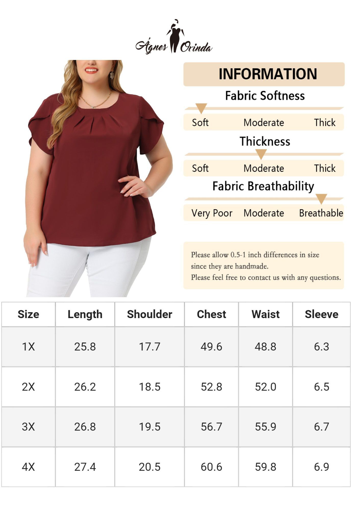 Round Neck Pleated Top Tulip Sleeves Blouse Top, Red / Red, alternate image number 4