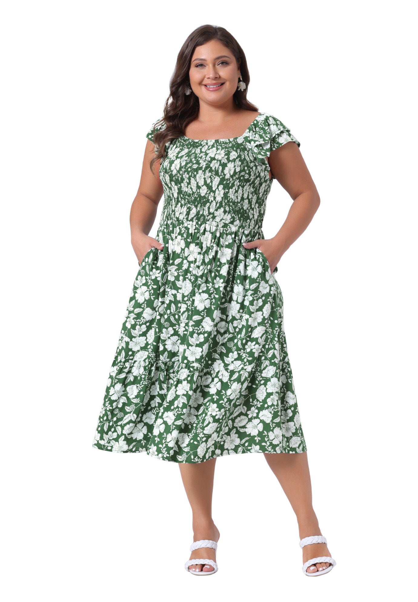 Square Neck Flutter Sleeve Smocked High Waist Flowy Summer Midi Dress, Green / Forest Green, hi-res image number 0