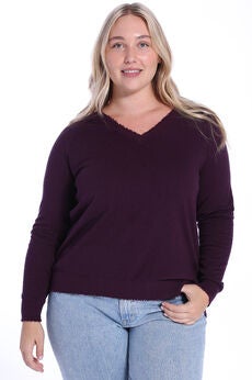 Cotton Cashmere Distressed Long Sleeve V-Neck Sweater