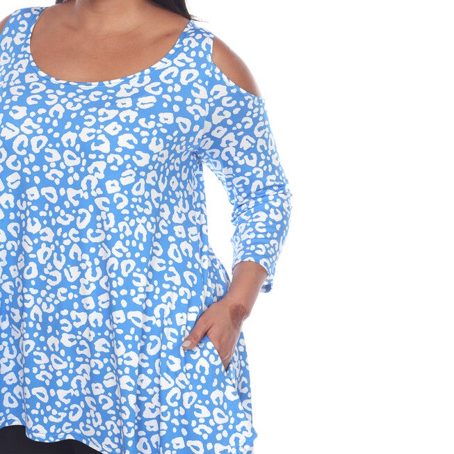 Leopard Cold Shoulder Tunic Top, Blue Leopard / Dusty Blue, alternate image number 4