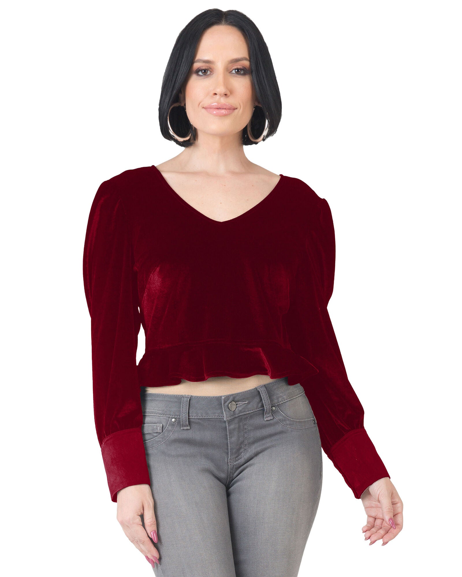 Plus Size Stretch Velvet Peplum Top, Deepred / New Wine, alternate image number 1