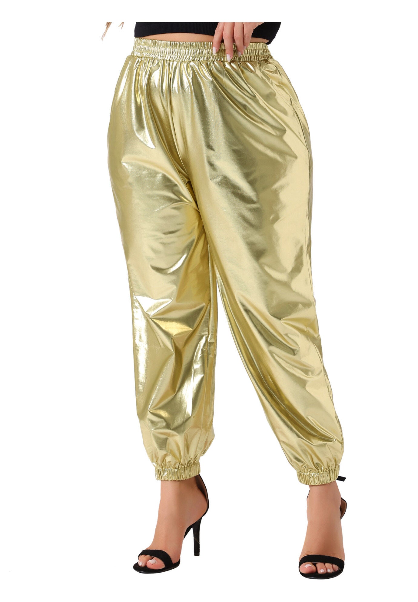 METALLIC SHINY HIGH WAIST STRETCHY HOLOGRAPHIC JOGGER SWEATPANT, Gold / Gold, alternate image number 1