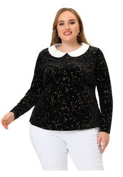 Peter Pan Long Sleeve Vintage Star Print Doll Collar Velvet Top