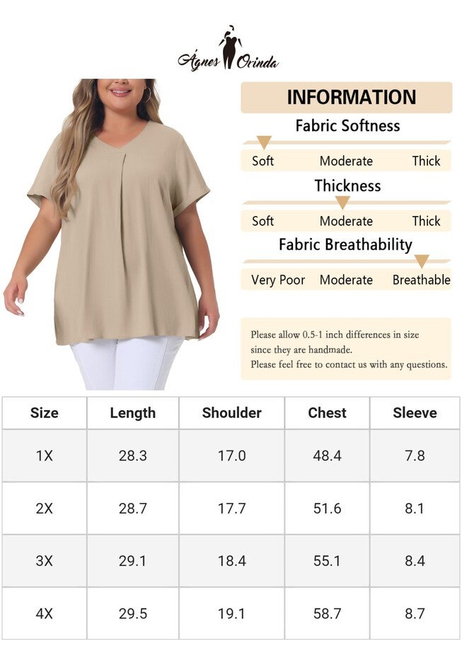 Chambray Pleat Front V Neck Short Sleeve Blouse Top, Khaki / Brown, alternate image number 4