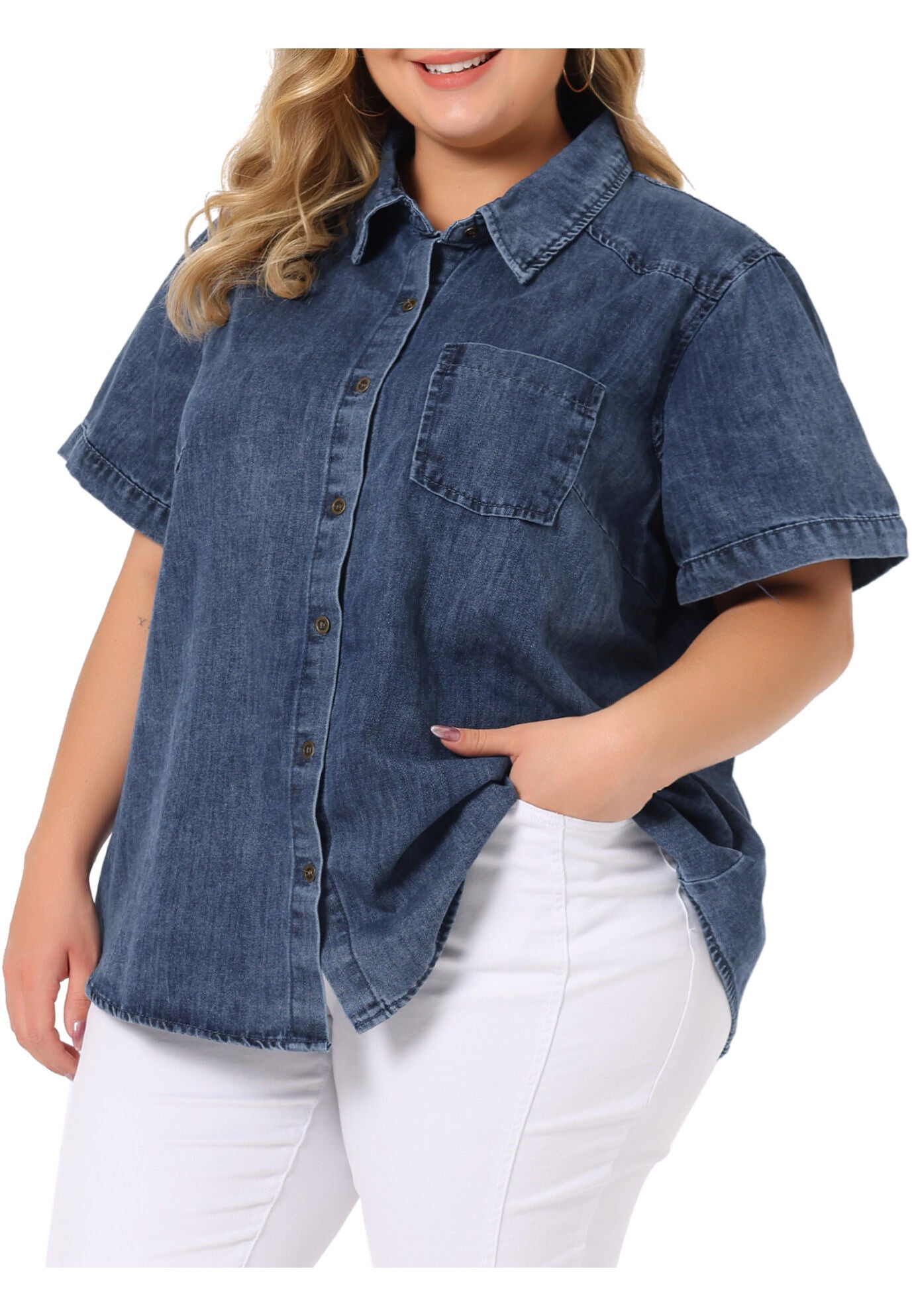 Jean Short Sleeve Button Down Top Denim Shirt, Denim Blue / Chambray Denim Medium, alternate image number 1