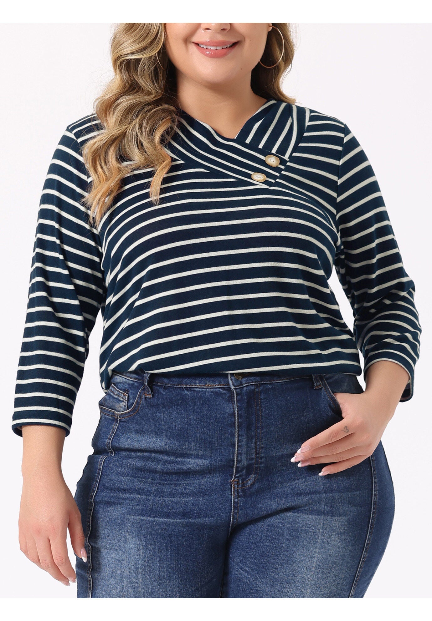 Stripe 3/4 Sleeve Tunic V Neck Knit Blouse, Dark Blue / Navy, alternate image number 1