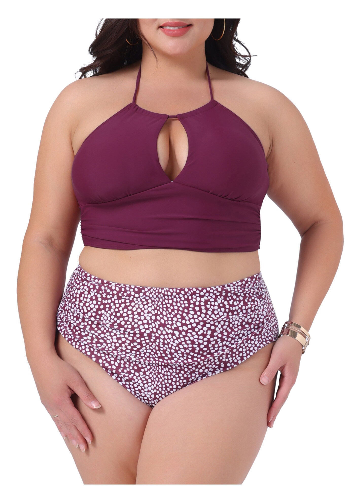 2 Piece Halter Ruched Polka Dots Solid High Waisted Swimsuit Set, Burgundy / Burgundy, alternate image number 2