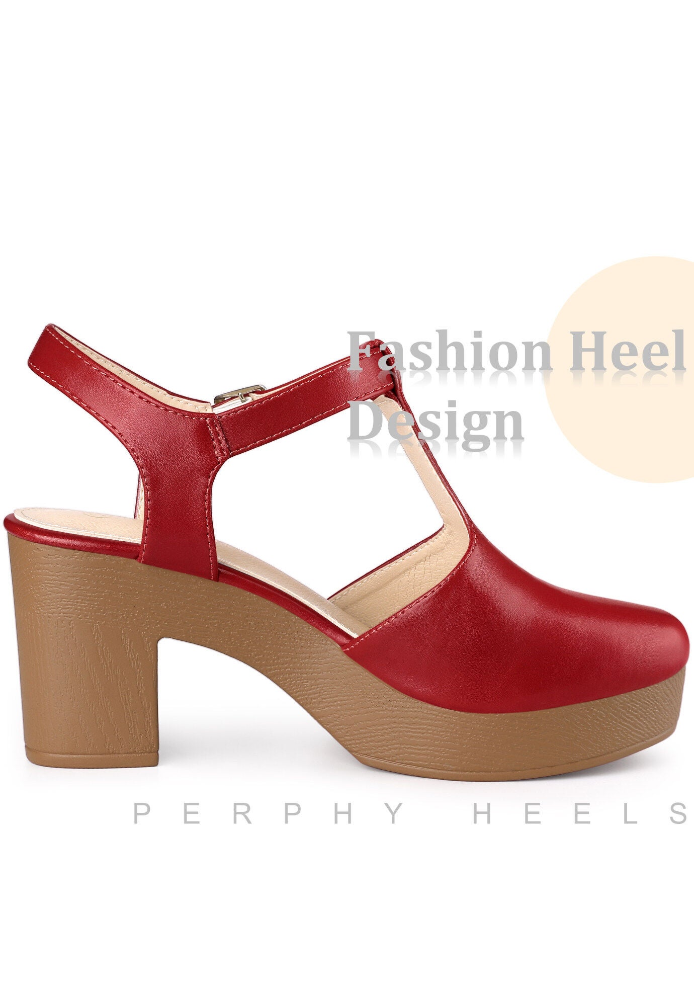Platform T-Strap Shoes Chunky Heels Sandals, Red / Red, alternate image number 3