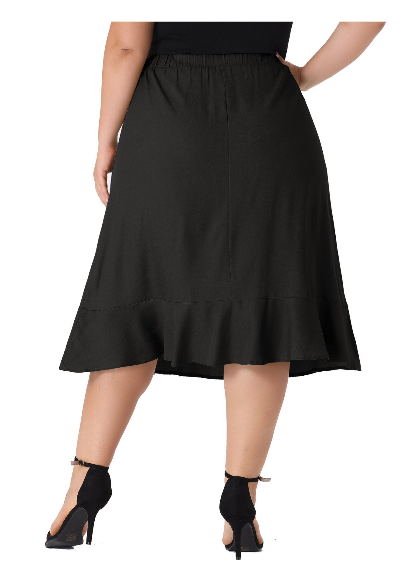 ELASTIC WAIST RUFFLE HEM CHAMBRAY MIDI SKIRT, Black / Black, alternate image number 3
