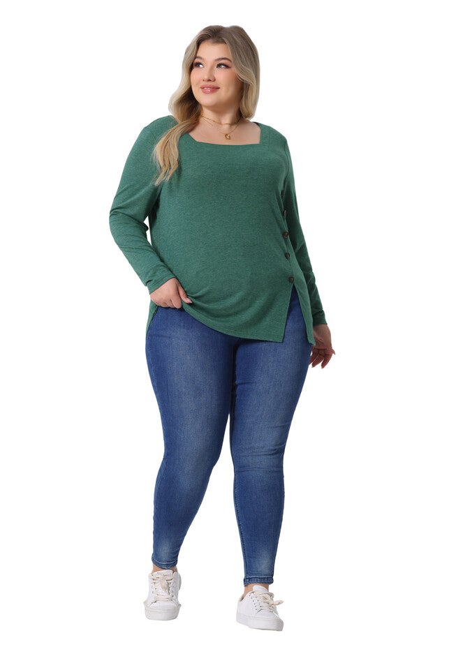 Side Button Square Neck Long Sleeve Tunic Blouse, Green / Hunter Green, hi-res image number 0
