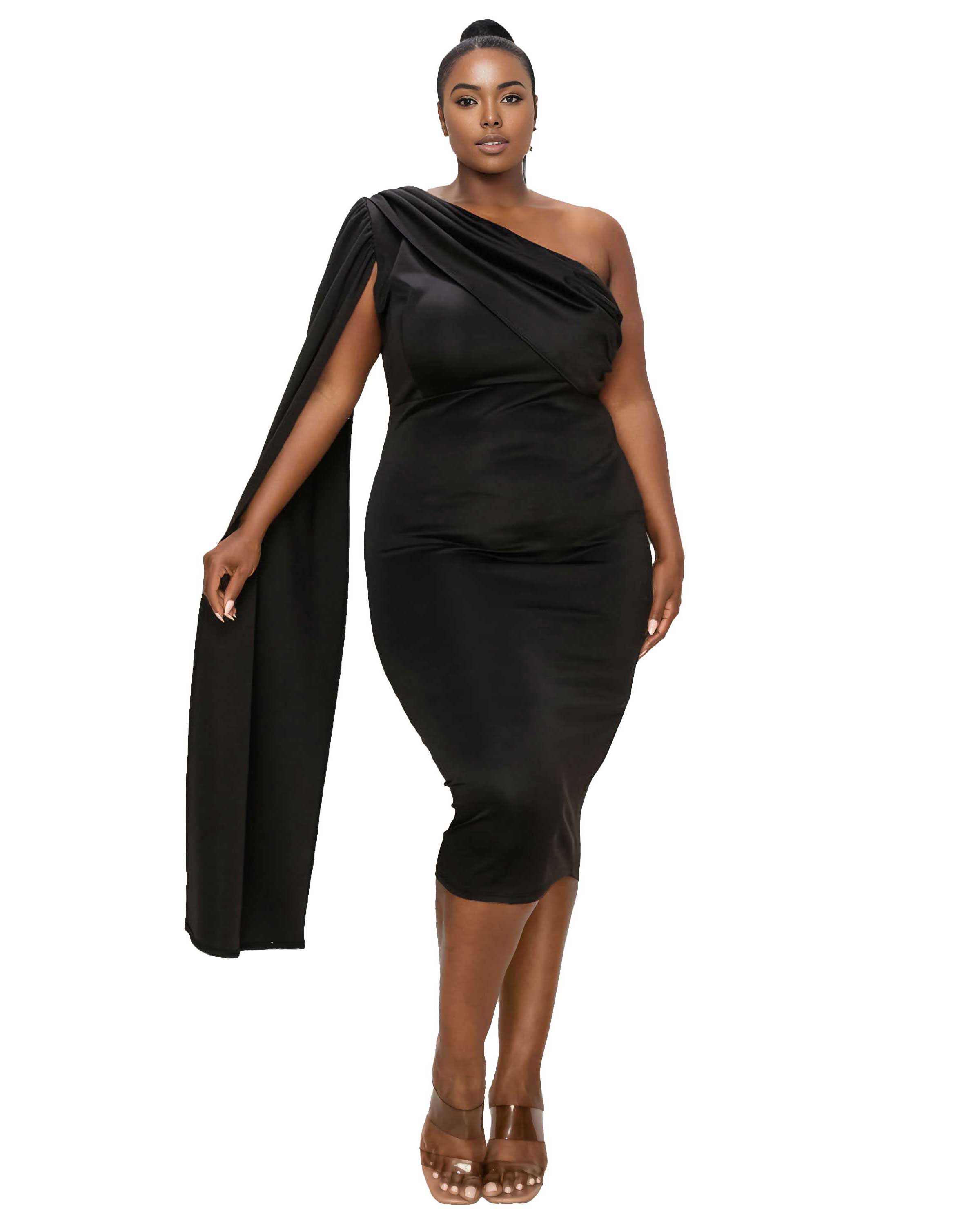 SPADE ONE SHOULDER CAPE DRESS, Black / Black, hi-res image number 0