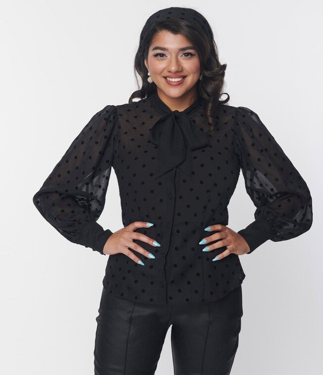 Unique Vintage Black Flocked Polka Dot Tie Neck Gwen Blouse, , alternate image number null