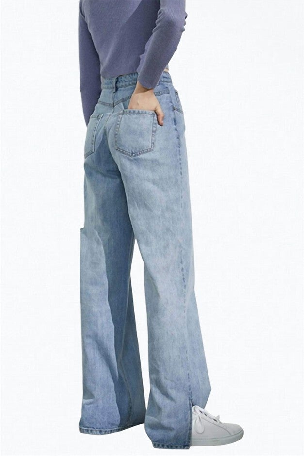 DENNIS CUTOUT SLIT-HEM WIDE-LEG JEANS IN LIGHT BLUE, , alternate image number null