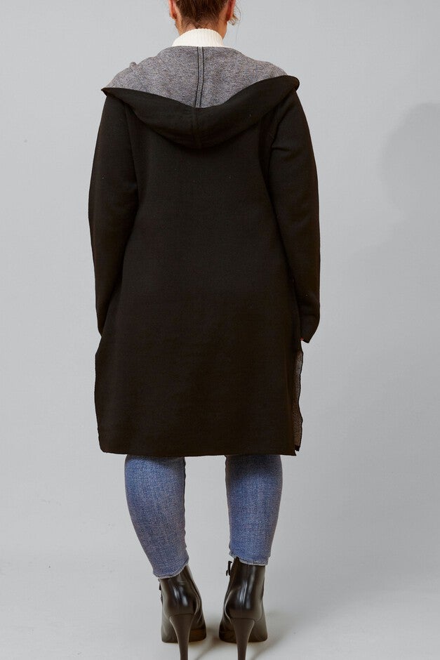 Nora Hooded Open Front Knit Cardigan, Black / Black, alternate image number 2