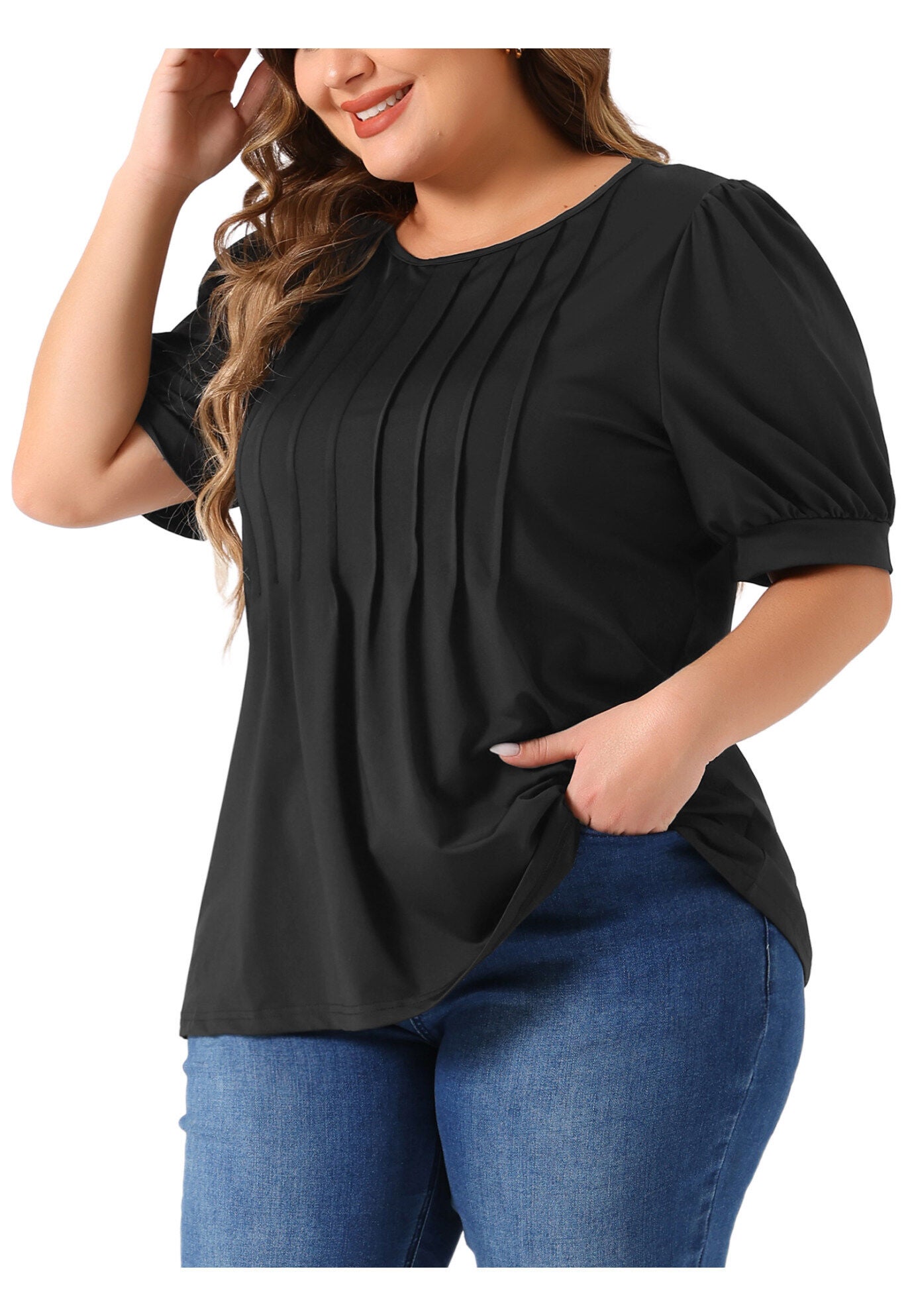 Puff Short Sleeve Crew Neck Pleated Tunic Blouse, Black / Black, alternate image number 1