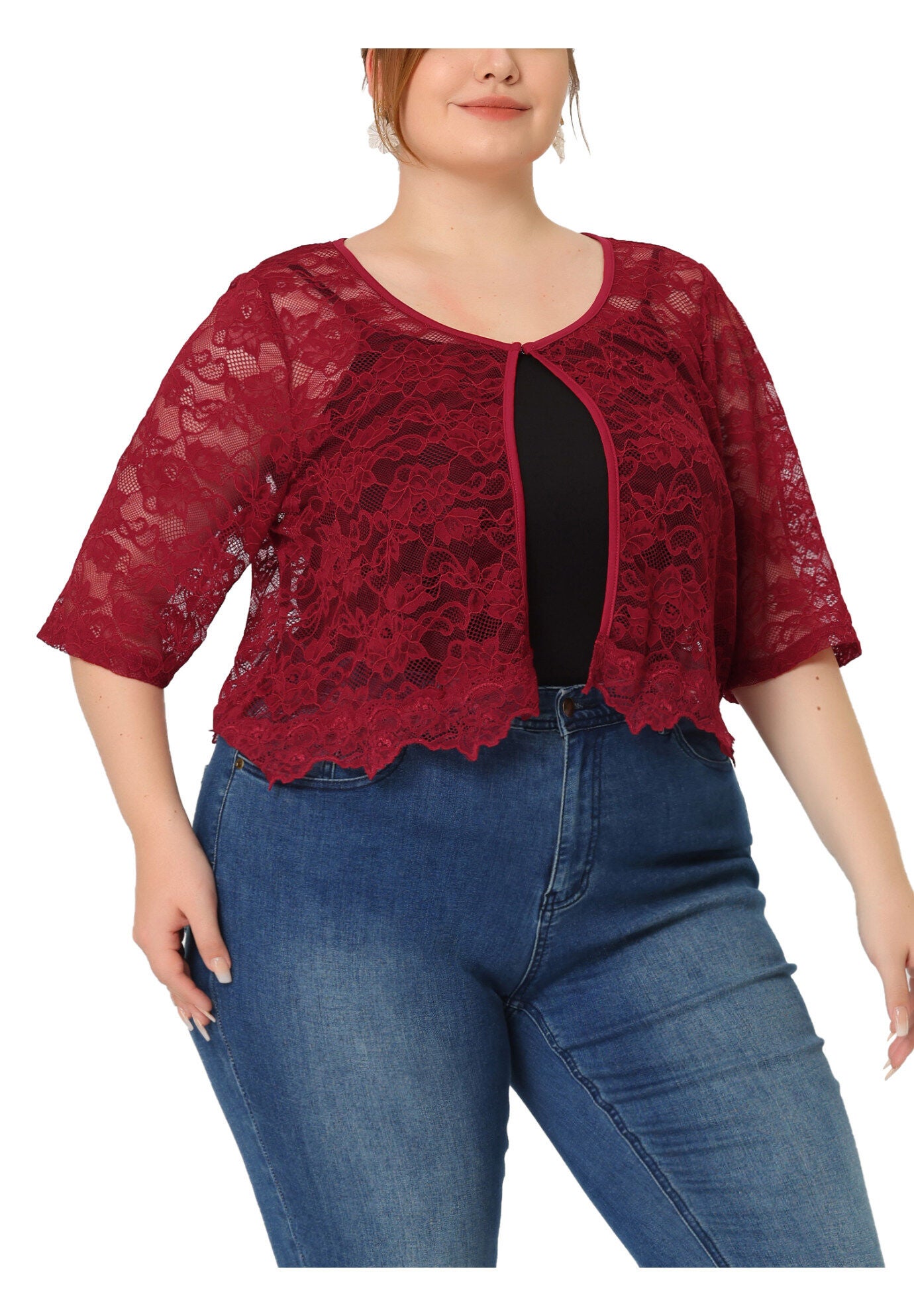 1/2 SLEEVE SHEER LACE BOLERO SHRUG, Burgundy / Red, alternate image number 1