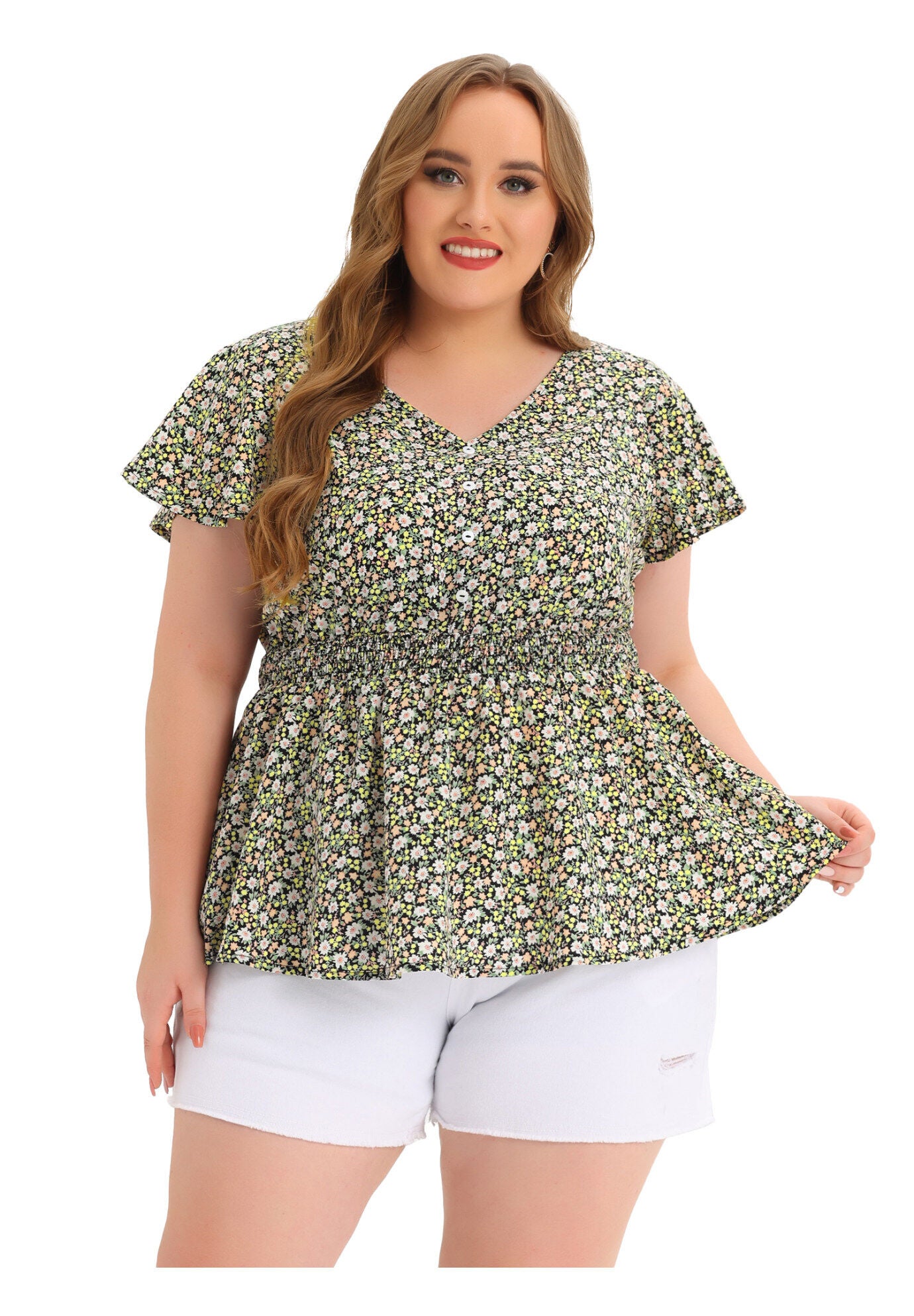 Button V Neck Smocked Waist Flare Short Sleeve Peplum Floral Blouse, Black / Black, hi-res image number 0