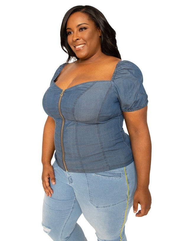 Zola Women's Plus Size Zip Front Puff Sleeves Tencel Corset Top, , alternate image number null