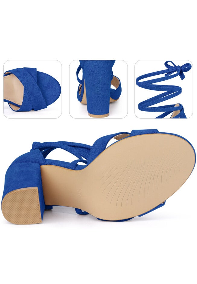 Strappy Chunky Heels Lace Up Sandals, Deep Blue / Royal Blue, alternate image number 2