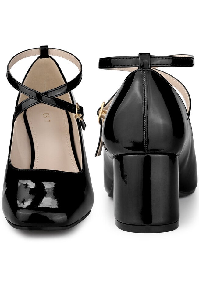Mary Jane Square Toe Heels Pumps, Black / Black, alternate image number 2